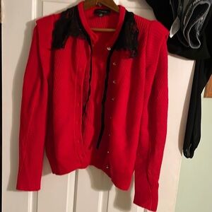 Red Women's Sweater with Black Lace Detail